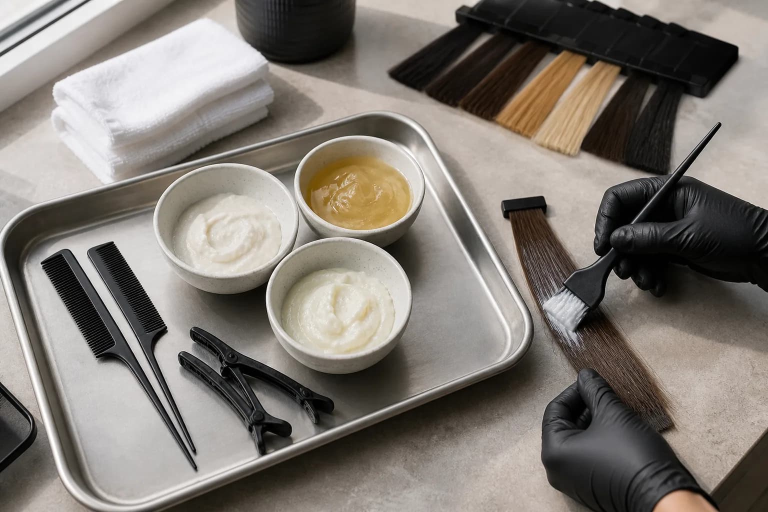 Mão enluvada aplica creme com um pincel numa amostra de cabelo, junto a três taças sem rótulo e utensílios profissionais sobre uma bancada de salão.