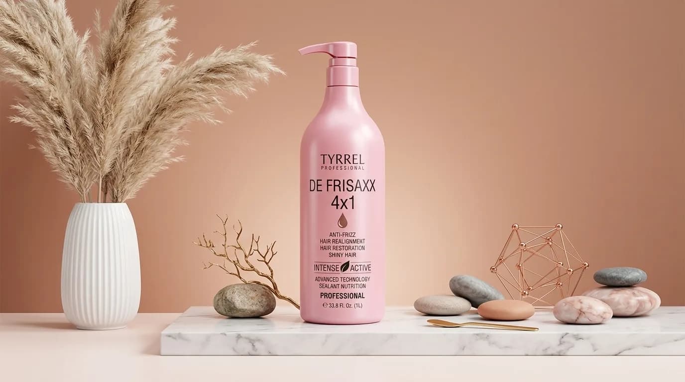 Frasco do tratamento Tyrrel DE Frisaxx 4x1 num cenário de estúdio